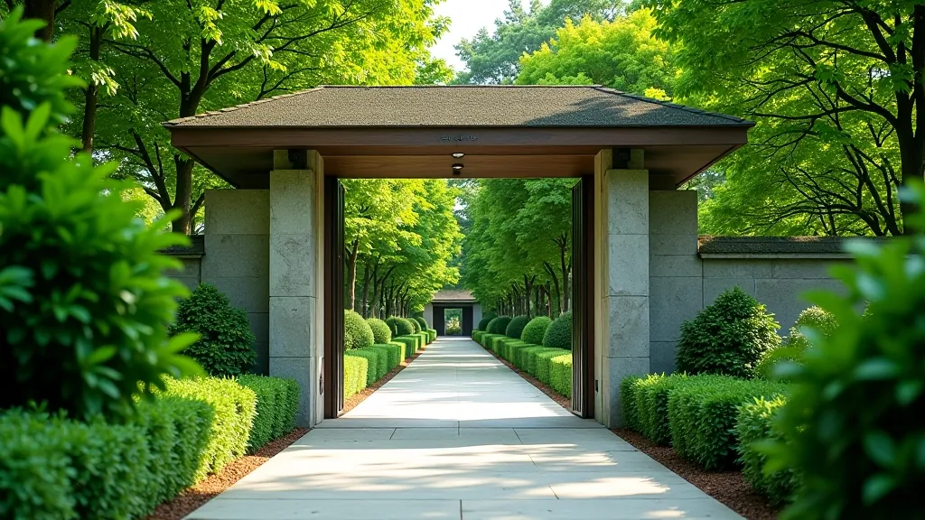 Botanikos sodo įėjimas su modernia architektūra ir žaliais augalais