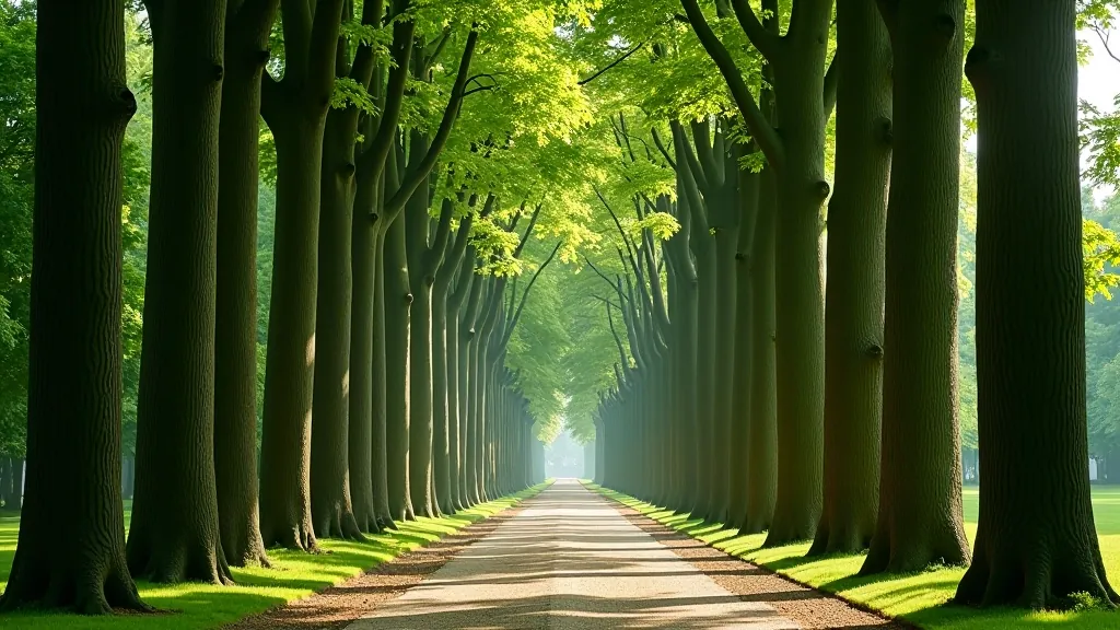 Topolin klonų alėja su tiesiais medžiais suformuojančiais natūralias linijas