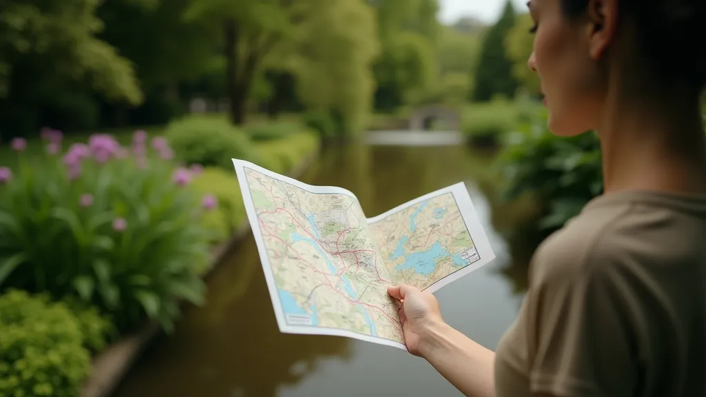 Moters rankos laikymas žemėlapio šalia tvenkinio botanikos sode